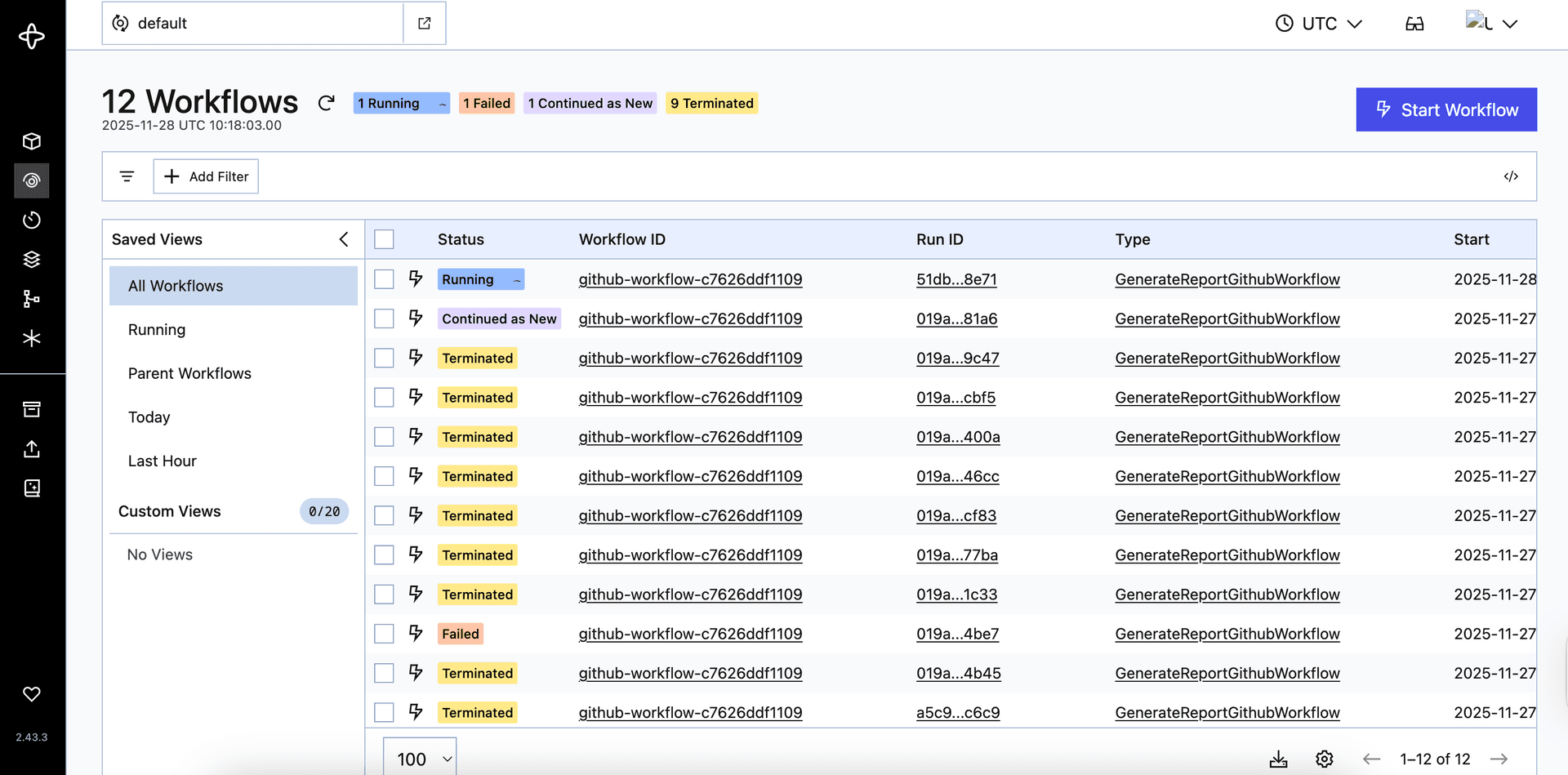 Temporal UI: workflow list